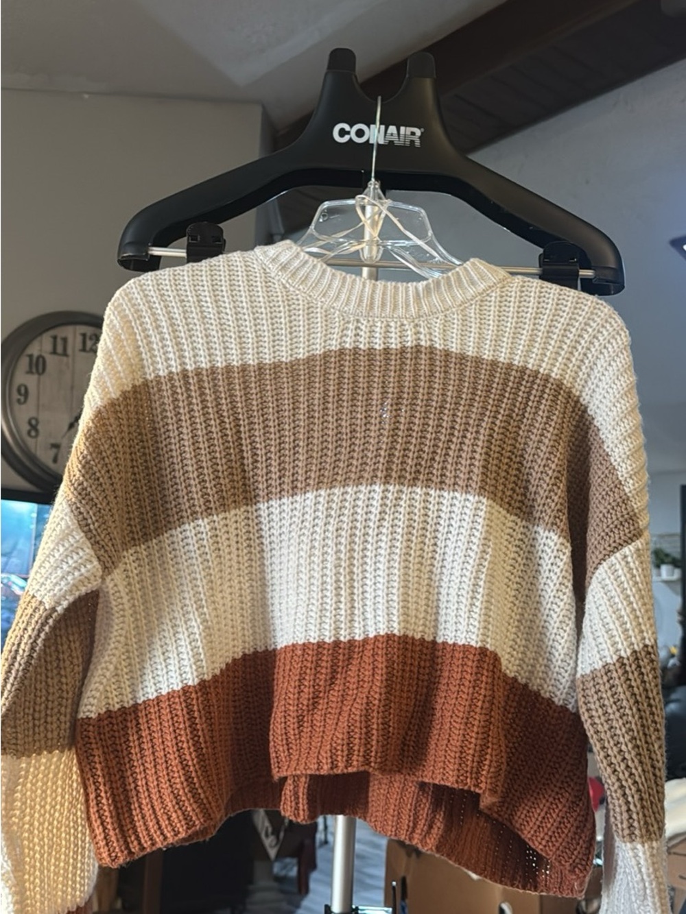 moon & madison Cream, Tan & Rust Striped Cropped Sweater#173